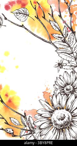 Vertikaler rechteckiger Herbstrahmen mit Sonnenblumen, Blättern, Zweigen und hellen Aquarellspritzern. Handgezeichnete Illustration, die die Zeichnung von Tintenlinien kombiniert Stock Vektor