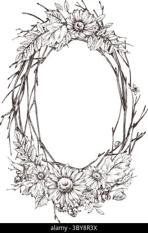 Hoher, ovaler Blumenkranz im handgezeichneten Stil mit zarten Wildblumen, Beeren und Herbstlaub. Ideal für Karten und Etiketten Stock Vektor