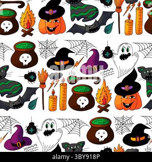 Nahtloses Halloween-Muster in Handzeichnung. Kürbis, Bat. Hintergrundbild für Ihre Kreativität. Druck für Design, Textil, Stoff, Tapete, Verpackung Stock Vektor