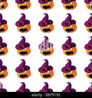 Nahtloses Halloween-Muster in Handzeichnung. Kürbis im Hexenhut. Niedliche Hintergrundbilder für Ihre Kreativität. Druck für Design, Textil, Stoff, Tapeten, Stock Vektor