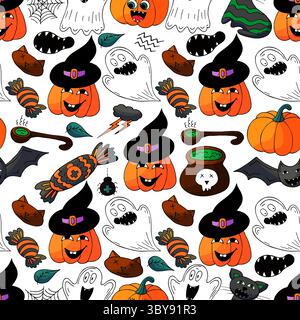 Nahtloses Halloween-Muster in Handzeichnung. Kürbis, Bat. Hintergrundbild für Ihre Kreativität. Druck für Design, Textil Stock Vektor