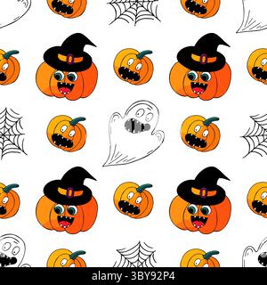 Nahtloses Halloween-Muster in Handzeichnung. Hintergrundbild für Ihre Kreativität. Jack-o-Laterne, Kürbis im Hexenhut. Druck für Design, Textil, Stoff, Stock Vektor