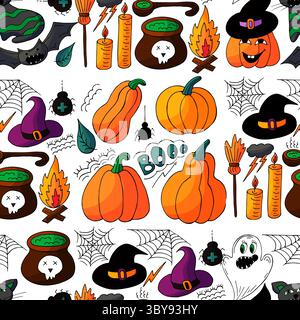 Nahtloses Halloween-Muster in Handzeichnung. Hintergrundbild für Ihre Kreativität. Kürbis, boooooo Text. Druck für Design, Textil, Stoff, Tapeten Stock Vektor