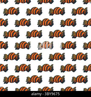 Nahtloses Halloween-Muster in Handzeichnung. Süßigkeiten. Niedliche Hintergrundbilder für Ihre Kreativität. Druck für Design, Textil, Stoff, Tapeten, Geschenkpapier Stock Vektor