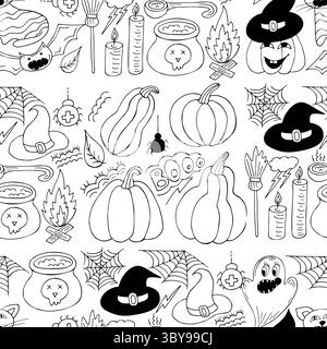 Halloween Schwarzweiß-Muster im Stil der Handzeichnung. Hintergrundbild für Ihre Kreativität. Kürbis, boooooo Text. Druck für Design, Textil, Stoff, Tapeten Stock Vektor