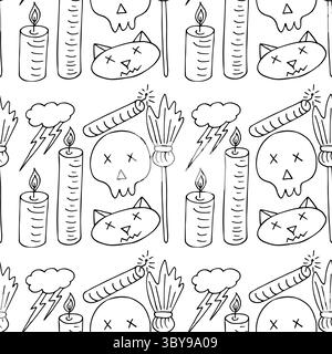 Halloween Schwarzweiß-Muster im Stil der Handzeichnung. Hintergrundbild für Ihre Kreativität. Besen, Kerzen. Druck für Design, Textil, Stoff, Tapete, Verpackung Stock Vektor
