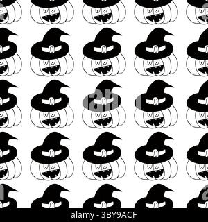 Nahtloses Halloween-Muster in Handzeichnung. Kürbis im Hexenhut. Einfarbige Hintergrundbilder für Ihre Kreativität. Für Design drucken Stock Vektor