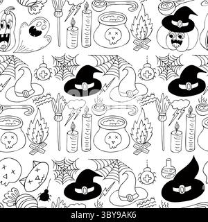 Halloween Schwarzweiß-Muster im Stil der Handzeichnung. Hintergrundbild für Ihre Kreativität. Besen, Kerzen. Druck für Design, Textil, Stoff, Tapete, Verpackung Stock Vektor