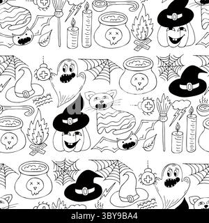 Halloween Schwarzweiß-Muster im Stil der Handzeichnung. Kürbis, Bat. Hintergrundbild für Ihre Kreativität. Druck für Design, Textil, Stoff, Tapete, Verpackung Stock Vektor