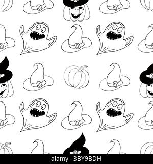 Halloween Schwarzweiß-Muster im Stil der Handzeichnung. Hintergrundbild für Ihre Kreativität. Kürbis, Geister, Hexenhut. Druck für Design, Textil, Stoff, Tapete Stock Vektor