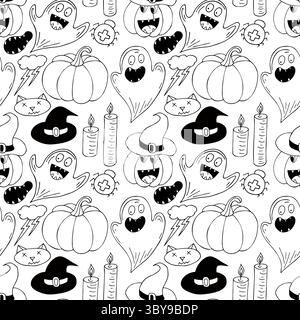 Halloween Schwarzweiß-Muster im Stil der Handzeichnung. Hintergrundbild für Ihre Kreativität. Kürbis, Geister, Hexenhut. Druck für Design, Textil, Stoff, Tapete Stock Vektor