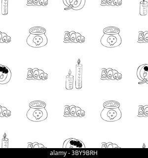Halloween Schwarzweiß-Muster im Stil der Handzeichnung. Hintergrundbild für Ihre Kreativität. Jack-o-Laterne, Kürbis, Buh-Text. Druck für Design, Textil, Stoff Stock Vektor