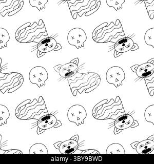 Nahtloses Halloween-Muster in Handzeichnung. Gruselige Katze. Einfarbige Hintergrundbilder für Ihre Kreativität. Druck für Design, Textil, Stoff Stock Vektor