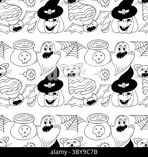 Halloween Schwarzweiß-Muster im Stil der Handzeichnung. Kürbis, Bat. Hintergrundbild für Ihre Kreativität. Druck für Design, Textil, Tapeten, Verpackung Stock Vektor