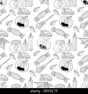 Halloween Schwarzweiß-Muster im Stil der Handzeichnung. Hintergrundbild für Ihre Kreativität. Jack-o-Laterne, Kürbis, Buh-Text. Druck für Design, Textil, Stoff Stock Vektor