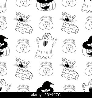 Halloween Schwarzweiß-Muster im Stil der Handzeichnung. Kürbis, Geister, Hexenhut Stock Vektor