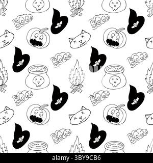 Halloween Schwarzweiß-Muster im Stil der Handzeichnung. Hintergrundbild für Ihre Kreativität. Jack-o-Laterne, Kürbis, Buh-Text. Druck für Design, Textil, Stoff Stock Vektor