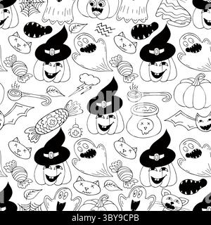 Halloween Schwarzweiß-Muster im Stil der Handzeichnung. Kürbis, Bat. Hintergrundbild für Ihre Kreativität. Druck für Design, Textil Stock Vektor