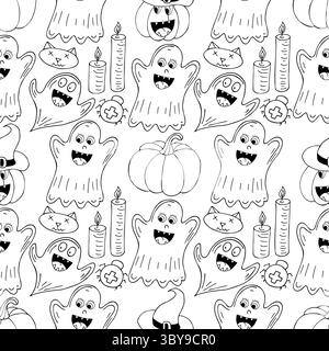 Halloween Schwarzweiß-Muster im Stil der Handzeichnung. Hintergrundbild für Ihre Kreativität. Kürbis, Geister, Hexenhut. Druck für Design, Textil, Stoff, Tapete Stock Vektor