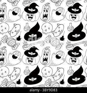 Halloween Schwarzweiß-Muster im Stil der Handzeichnung. Hintergrundbild für Ihre Kreativität. Kürbis, Geister, Hexenhut. Druck für Design, Textil, Stoff Stock Vektor