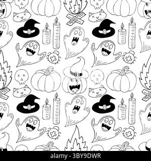 Halloween Schwarzweiß-Muster im Stil der Handzeichnung. Hintergrundbild für Ihre Kreativität. Kürbis, Geister, Hexenhut. Druck für Design, Textil, Stoff, Tapete Stock Vektor