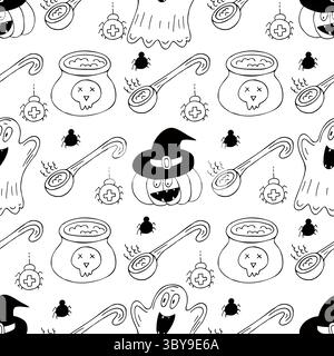 Halloween Schwarzweiß-Muster im Stil der Handzeichnung. Hintergrundbild für Kreativität. Kürbis, Geister, Hexenhut Stock Vektor