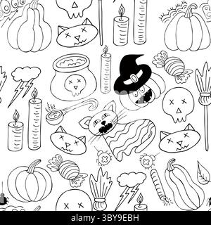Halloween Schwarzweiß-Muster im Stil der Handzeichnung. Hintergrundbild für Ihre Kreativität. Jack-o-Laterne, Kürbis im Hexenhut. Druck für Design, Textil, Fabri Stock Vektor