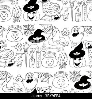 Halloween Schwarzweiß-Muster im Stil der Handzeichnung. Kürbis, Bat. Hintergrundbild für Ihre Kreativität. Druck für Design, Textil, Stoff, Tapete, Verpackung Stock Vektor