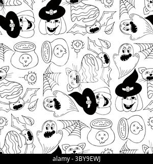 Halloween Schwarzweiß-Muster im Stil der Handzeichnung. Kürbis, Bat. Hintergrundbild für Ihre Kreativität. Druck für Design, Textil, Stoff Stock Vektor