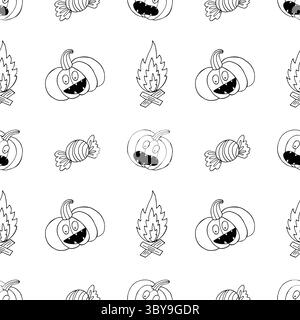 Halloween Schwarzweiß-Muster im Stil der Handzeichnung. Hintergrundbild für Ihre Kreativität. Jack-o-Laterne, Kürbis. Druck für Design, Textil, Stoff, Tapeten, Stock Vektor