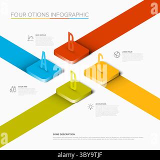 Eine moderne isometrische Infografik präsentiert vier farbenfrohe Optionen oder Schritte mit Text und Symbolen. Diese vierstufige Infografik ist ideal für geschäftliche Präsentationen Stock Vektor
