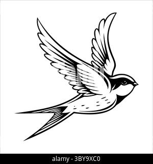 Eine stilisierte Illustration eines fliegenden Schwalbenvogels. Der Vogel hat detaillierte Flügel und einen stromlinienförmigen Körper, der seine anmutige Bewegung in der Luft zum Ausdruck bringt. Stock Vektor