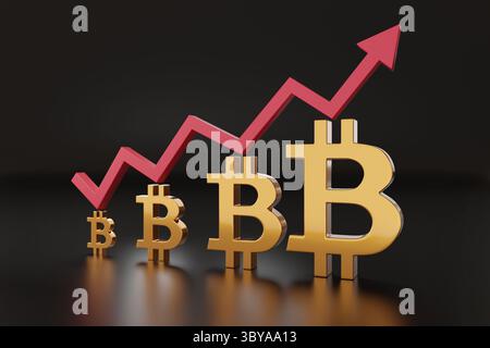 Wachstumspfeil mit Bitcoin-Zeichen, isoliert auf dunklem Hintergrund. 3D-Abbildung. Stockfoto