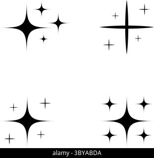 Ein Satz von vier verschiedenen schwarzen Glitzer- oder Starburst-Symbolen mit unterschiedlichen Punktzahlen und -Größen, präsentiert auf einem sauberen weißen Hintergrund. Stock Vektor