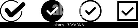 Ein Satz von vier minimalistischen schwarzen Häkchen, die in verschiedenen Stilen dargestellt werden, einschließlich umrissenem Kreis, ausgefülltem Kreis und umrissenem Quadrat. Stock Vektor