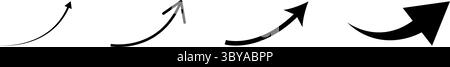 Eine Reihe von vier schwarzen Pfeilen wird horizontal angezeigt. Sie zeigen alle nach oben, mit unterschiedlicher Krümmung und Dicke. Stock Vektor