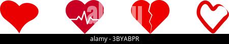 Eine Sammlung von vier roten Herzgrafiken, die jeweils eine andere Bedeutung vermitteln: Ein solides Herz, ein Herz mit einer Herzschlaglinie, ein gebrochenes Herz und ein Outl Stock Vektor