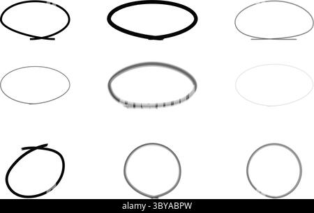Ein Raster aus neun handgezeichneten Kreisen und Ellipsen. Die Formen variieren in Dicke, Farbintensität und Vollständigkeit, wobei einige eine Linie darunter haben. Stock Vektor
