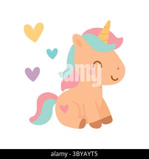 Pastell-Einhorn mit Minzmähne, rosa Schwanz und goldenem Horn, umgeben von bunten Herzen, perfekt für magische Fantasy-Kunst und Kinderzimmerdekor Stock Vektor
