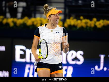 18. Februar 2022, DUBAI, VEREINIGTE ARABISCHE Emirate: Elise Mertens aus Belgien im Doppelhalbfinale der Dubais Duty Free Tennis Championships 2022 WTA 1000 (Foto: © Rob Prange/AFP7 via ZUMA Press Wire) Stockfoto