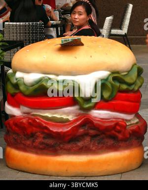 28. Juni 2013, PEKING, CHINA: Eine Chinesin isst am 28. Juni 2013 vor einem neuen Burger King Fast Food Restaurant in der Innenstadt von Peking zu Mittag. Chinesische Gesundheitsbeamte machen das Aufkommen einer im ganzen Land boomenden westlichen Fast-Food-Revolution als Hauptursache für eine wachsende Adipositas-Krise in China verantwortlich. Adipositas in China, insbesondere bei Kindern, ist zu einem wachsenden Gesundheitsrisiko geworden, das nicht nur die Gesundheit künftiger Generationen ernsthaft beeinträchtigen wird, sondern auch eine schwere wirtschaftliche Belastung für das Land darstellt. (Bild: © Stephen Shaver/ZUMA Press Wire) Stockfoto