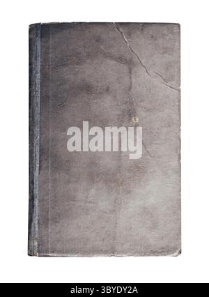 Isoliertes Foto eines grauen alten, abgetragenen antiken Buches auf weißem Hintergrund. Stockfoto