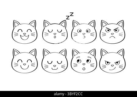 Sammlung von Katzengesichtsausdrücken isoliert auf weißem Hintergrund Stock Vektor