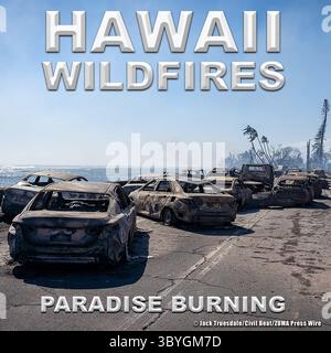 MAUI-WALDBRÄNDE: 8. August 2023 Dienstag 6:37 Uhr HST ein Bürstenfeuer auf der hawaiianischen Insel Maui begann, in der Nähe der alten hawaiianischen Hauptstadt Lahaina, Bevölkerung 12.702. 16:46 Uhr HST, Fire überquerte die Route 30 und erreichte die Innenstadt von Lahaina, und alle Bewohner rannten um ihr Leben. 17:45 Uhr HST, Feuer erreichte die Küste. Gefangen im Stau des Stillstands rannten die Scores ins Meer und sprangen ins Meer, um dem Feuer zu entkommen. Autos sind entweder in Brand geraten oder explodiert. Die extremen Hitzebeweise von Fire wurden von Beamten als „Autos schmolzen buchstäblich zu Pfützen, die sich auf der Straße verhärtet haben“ bezeichnet. 13. August, Tod tol Stockfoto