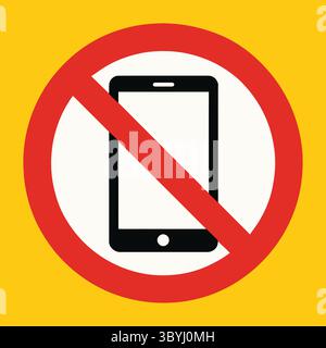 Schild für verbotene Mobiltelefone – roter Kreis über dem Smartphone-Symbol auf gelbem Hintergrund, das für „Stille Zonen“, „Bereiche ohne Gerät“ und „Sicherheitsdurchsetzung“ steht Stock Vektor
