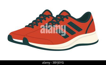 Rote Running Sneakers Illustration – sportliche Schuhe mit schwarzen Streifen und weißer Sohle für Fitness, Workout, Training, Joggen und Freizeitsportbekleidung Stock Vektor
