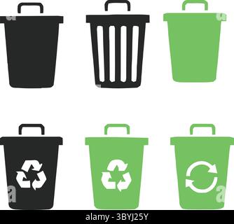 Schwarze und grüne Silhouettenabbildungen von Abfallbehältern mit Recycling-Symbolen Stock Vektor