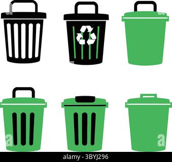 Schwarze und grüne Silhouettenabbildungen von Abfallbehältern mit Recycling-Symbolen Stock Vektor