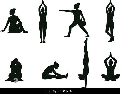 Schwarz-weiß Silhouette Illustrationen von Yoga-Posen und Übungen Stock Vektor