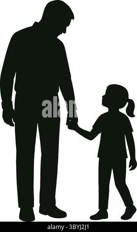 Schwarz-weiß-Silhouette-Illustration eines Elternteils, der die Hand eines Kindes hält Stock Vektor